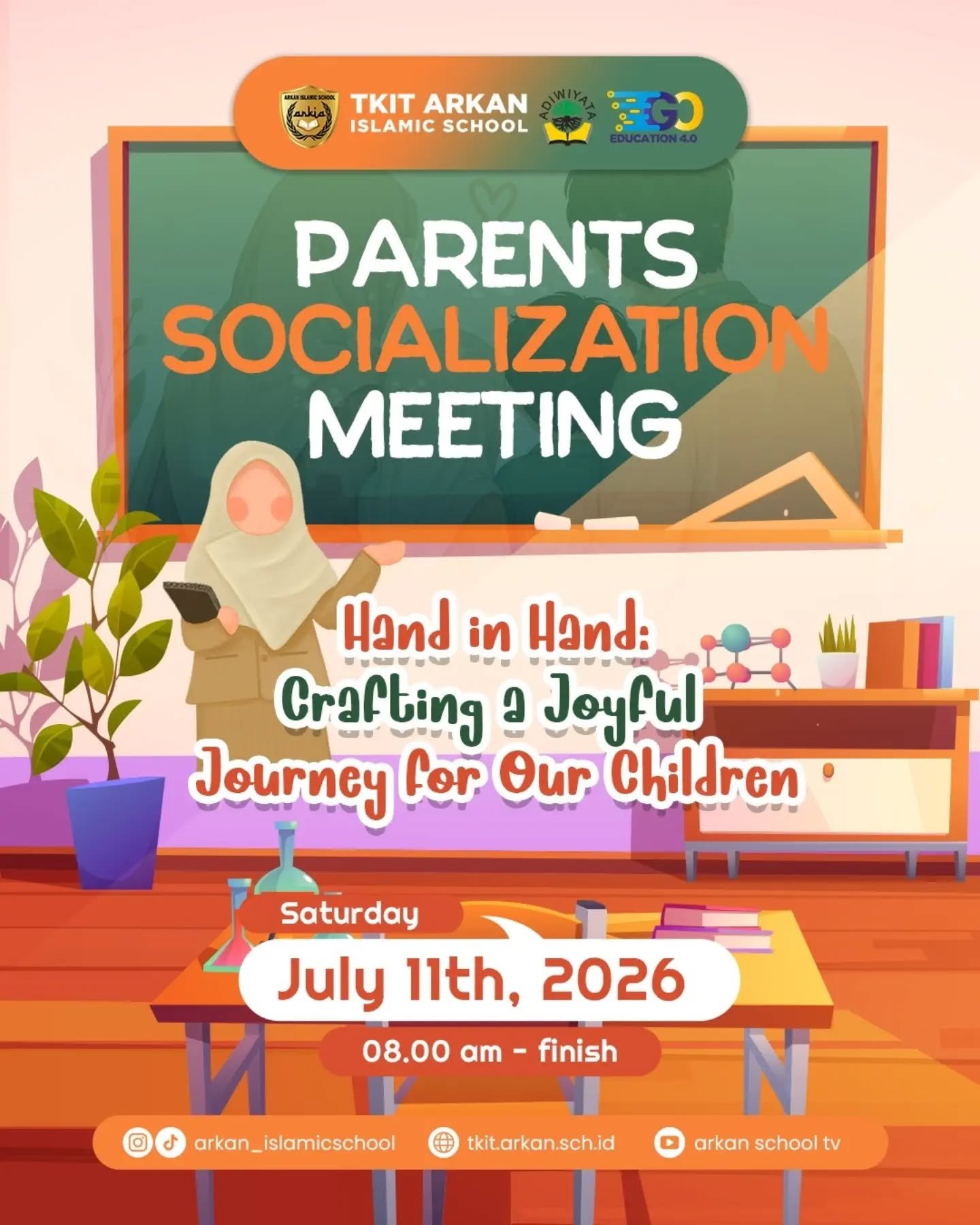 💌 PARENTS SOCIALIZATION MEETING INVITATION 💌
TKIT Arkan CendekiaAssalamu'alaikum Warahmatullahi WabarakatuhDear Beloved Parents/GuardiansAs we welcome the new academic year, we'd love to invite you to come together for our Parents Socialization Meeting. This is the moment for us to get to know one another better, understand the school's programs, unite our vision and mission, and walk in step so that your child's learning journey this year is full of blessings.Because the best education grows from the synergy between school and family, your presence means so much to us.📆 Day/Date: Saturday, 11 July 2026
🕧 Time: 08.00 WIB -  Finish
🏫 Venue: TKIT Arkan CendekiaWe look forward to seeing you there. See you at school! 🤩Wassalamu'alaikum Warahmatullahi WabarakatuhWarm regards,
All teachers of TKIT Arkan Cendekia