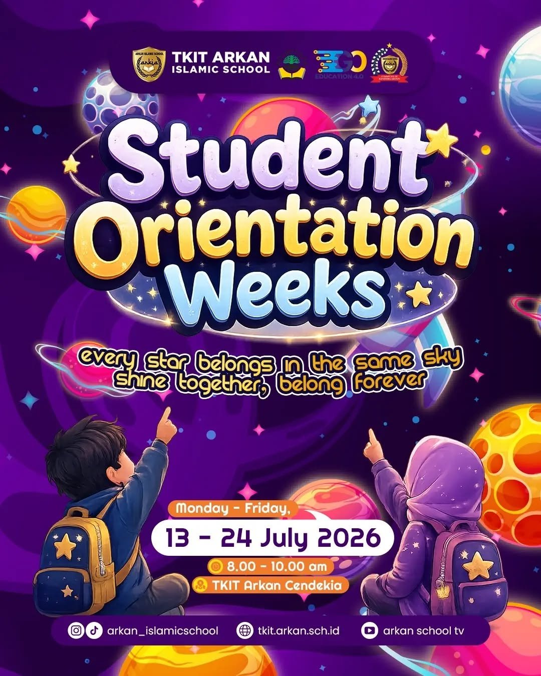 🌠 STUDENT ORIENTATION WEEKS 🌠
TKIT Arkan CendekiaAssalamu'alaikum warahmatullahi wabarakatuh,Ayah Bunda yang kami banggakan ✨"Every star belongs in the same sky, shine together, belong forever" , dengan penuh syukur, Insyaa Allaah mulai hari Senin esok ananda akan mulai masuk sekolah.Yuk pastikan ayah/bunda dapat mendampingi ananda pergi ke sekolah pada hari pertama masuk sekolah besok 🥰Insyaa Allaah kegiatan Student Orientation Weeks akan dilaksanakan pada:
🗓️ Senin - Jumat, 13 - 24 Juli 2026
⏰ Pukul 08.00 - 10.00 WIB
📍 TKIT Arkan CendekiaKegiatan ini menjadi langkah awal Ananda mengenal lingkungan sekolah, sahabat baru, dan ms ms  yang akan menemani perjalanan belajarnya.Mohon Ayah Bunda dapat mengantar Ananda tepat waktu dan mempersiapkan perlengkapan yang telah diinformasikan sebelumnya.🎉 Yuk, ramaikan momen bersejarah ini dengan mengunggah foto/twibbon Ananda di media sosial!🔗 Link twibbon:
https://twb.nz/studentorientationweeks2026Mari kita sambut tahun ajaran baru dengan semangat, seperti bintang-bintang yang bersinar bersama di angkasa 🌟Jazakumullahu khairan atas perhatian dan kerja sama Ayah Bunda.Wassalamu'alaikum warahmatullahi wabarakatuh,TKIT Arkan Islamic School, Bilingual Integrated Islamic School